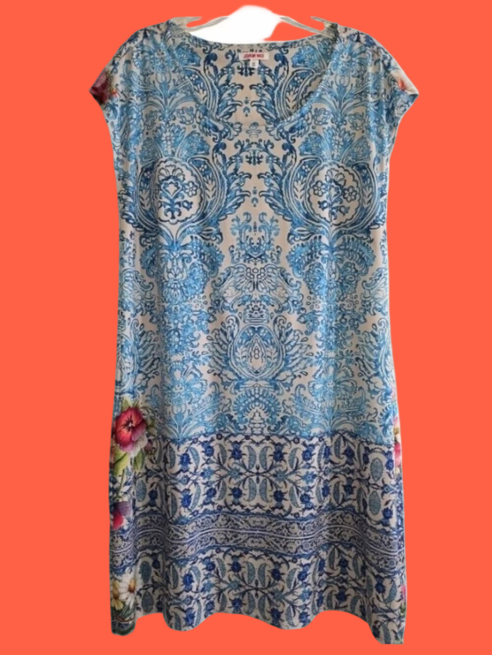 Johnny Was Blue & White Damask Print With Tropical Flowers Mini Dress